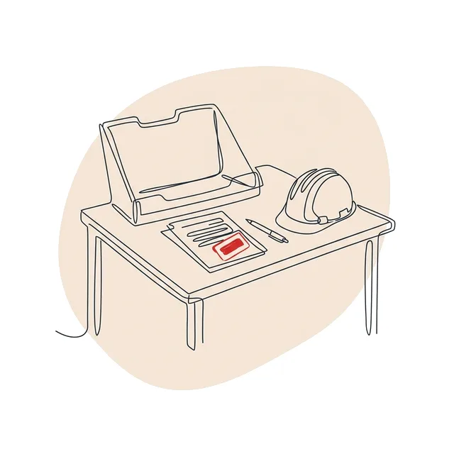 Porte-document et feuille tamponnée sur une table de chantier, à côté d’un casque