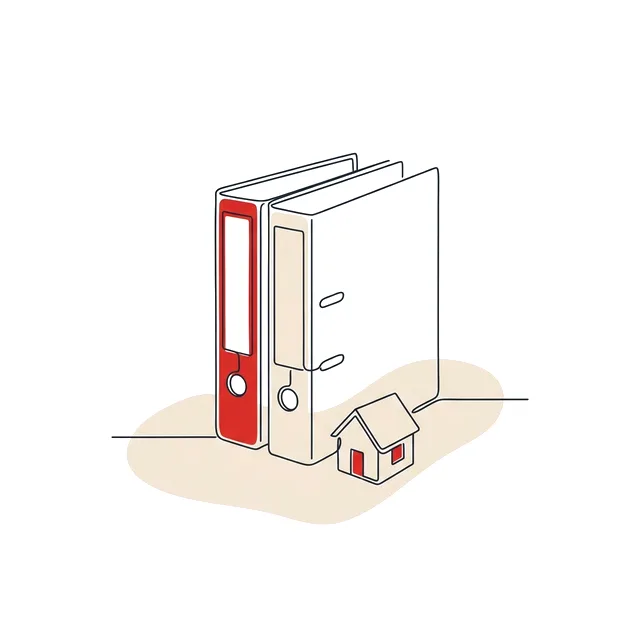 Deux classeurs fermés côte à côte, l’un à dos rouge, devant eux une petite maison miniature