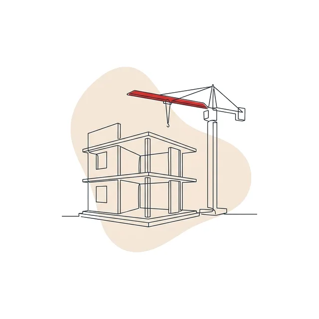 Petit immeuble de deux étages en construction, une grue à tour à côté