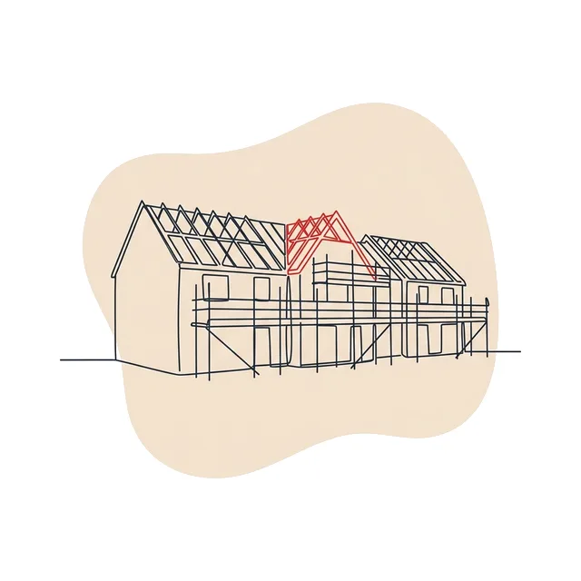 Trois maisons accolées en construction, charpentes posées et échafaudage le long de la façade