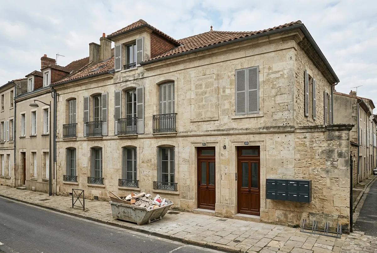 Grande maison de ville en pierre avec deux portes d’entrée neuves, divisée en logements