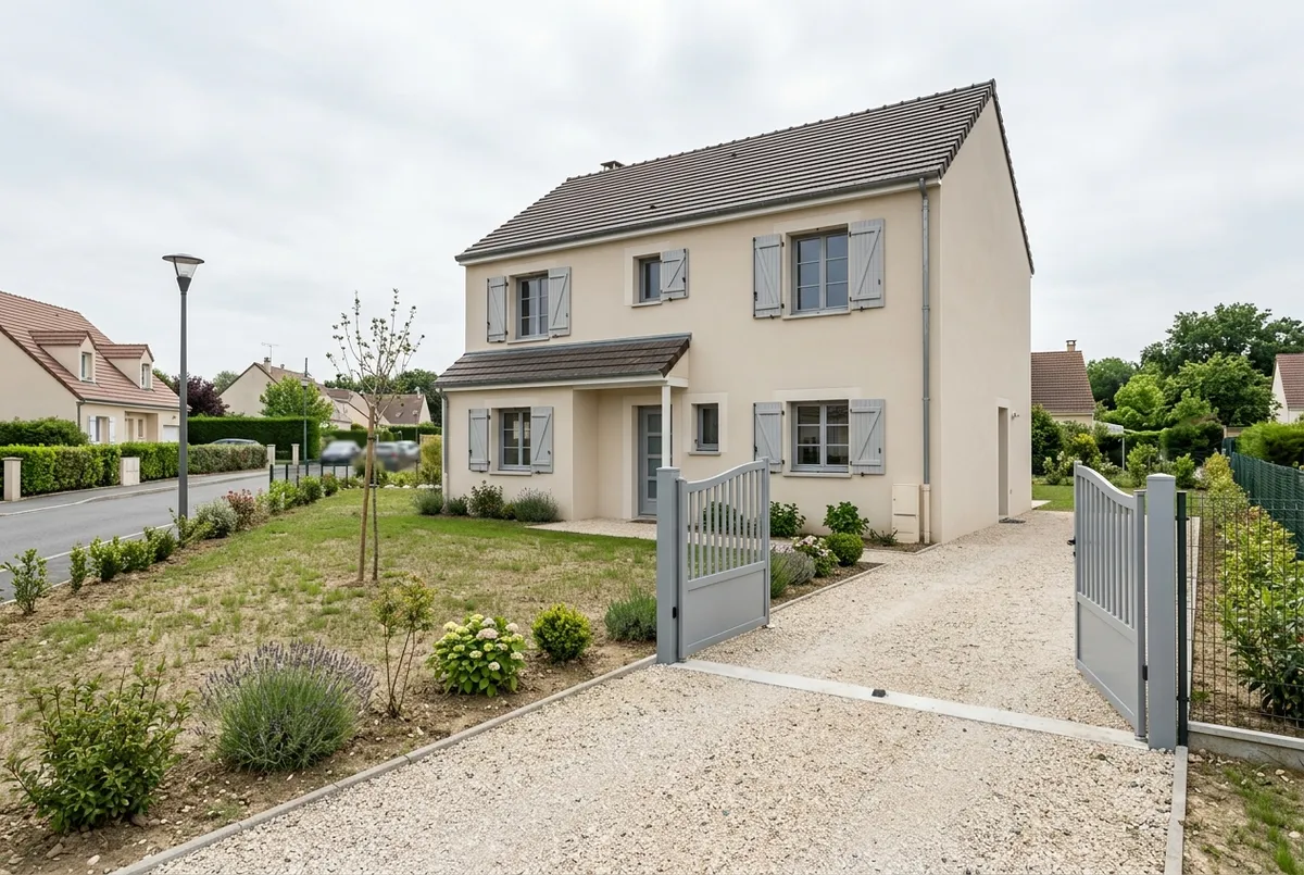 Maison individuelle neuve à étage tout juste terminée, jardin à peine engazonné